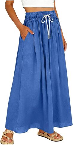 SHOPESSA Linen Maxi Skirt for Women High Waisted Elastic Drawstring Cotton Linen Flowy Boho Long Skirts with Pockets in Saudi Arabia