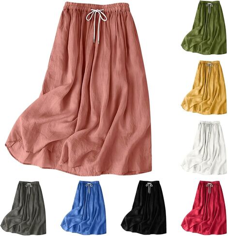 SHOPESSA Linen Maxi Skirt for Women High Waisted Elastic Drawstring Cotton Linen Flowy Boho Long Skirts with Pockets in Saudi Arabia