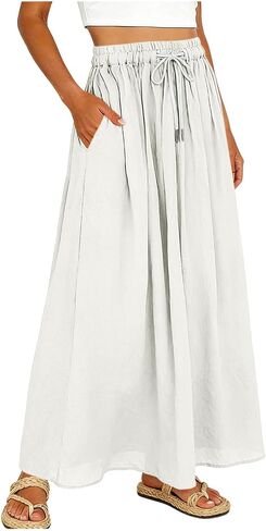 SHOPESSA Linen Maxi Skirt for Women High Waisted Elastic Drawstring Cotton Linen Flowy Boho Long Skirts with Pockets in Saudi Arabia