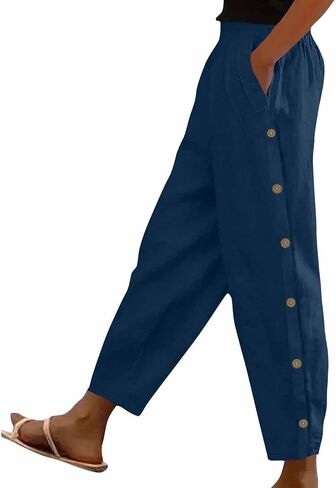 Casual Pants for Women Side Button Wide Leg Pants Breathable Lightweight Cotton Linen Trouser Beach Vacation Clothes in Kuwait