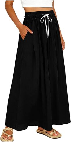 SHOPESSA Linen Maxi Skirt for Women High Waisted Elastic Drawstring Cotton Linen Flowy Boho Long Skirts with Pockets in Saudi Arabia
