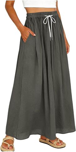 SHOPESSA Linen Maxi Skirt for Women High Waisted Elastic Drawstring Cotton Linen Flowy Boho Long Skirts with Pockets in Saudi Arabia