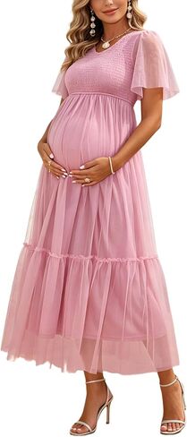 Maternity Maxi Dress V Neck Flutter Sleeve Tiered Tulle Party Gown | Soft lined tulle maternity gown, v neck flutter sleeves, smocked tiered skirt for baby shower & maternity photos in Kuwait
