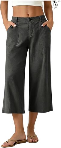 Womens Capri Pants Summer Cotton Linen High Waist Wide Leg Flowy Palazzo Casual Vacation Trousers with Pockets in Kuwait