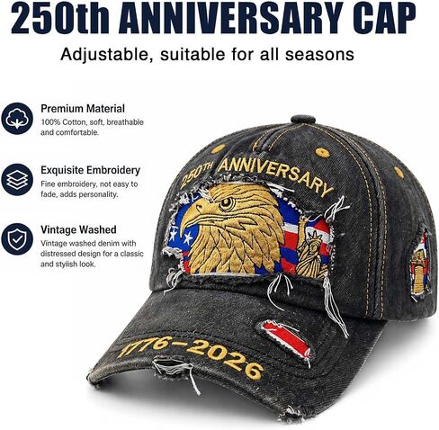 USA 250th Anniversary Hat 1776-2026 - Premium Embroidered Eagle & Flag Patriotic Baseball Cap, Vintage Distressed Veteran Gift for Men & Women Black in Saudi Arabia