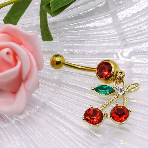 14G Stainless Steel CZ Crystal Dangling Cherry Belly Button Ring for Women in Kuwait