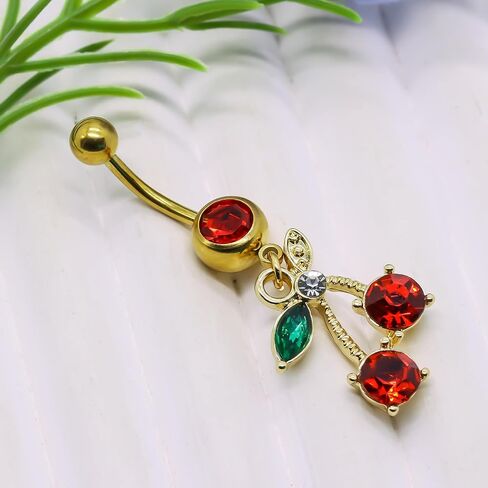 14G Stainless Steel CZ Crystal Dangling Cherry Belly Button Ring for Women in Kuwait