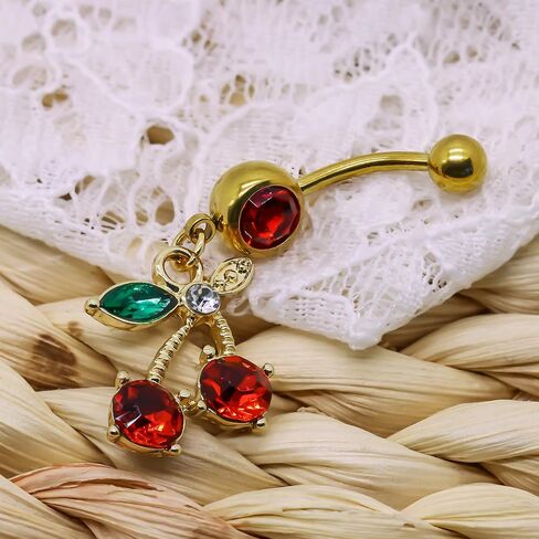 14G Stainless Steel CZ Crystal Dangling Cherry Belly Button Ring for Women in Kuwait