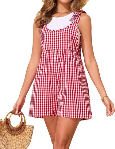 GAMISS Summer 2025 Gingham Romper Casual Cotton Womens Jumpsuit with Cute Tie Straps Sleeveless Loose Y2K Overalls Shorts Red M in Saudi Arabia