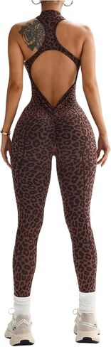 Milumia Women's Leopard Print Workout Jumpsuit Zip Up Open Back Yoga Gym One Piece Outfits in Kuwait