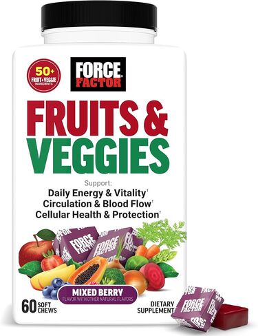 Force Factor Fruits & Veggies Supplement for Adults, Superfood Antioxidant Formula, 50+ Fruits & Veggies to Support Blood Flow, Circulation & Energy, No Added Fillers, Mixed Berry, 60 Soft Chews in Kuwait