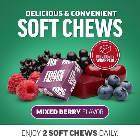 Force Factor Fruits & Veggies Supplement for Adults, Superfood Antioxidant Formula, 50+ Fruits & Veggies to Support Blood Flow, Circulation & Energy, No Added Fillers, Mixed Berry, 60 Soft Chews in Kuwait