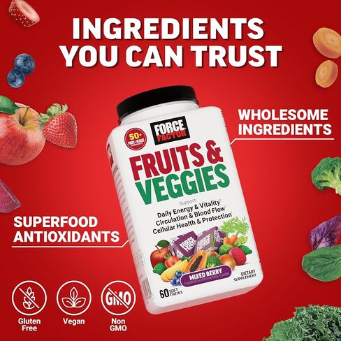 Force Factor Fruits & Veggies Supplement for Adults, Superfood Antioxidant Formula, 50+ Fruits & Veggies to Support Blood Flow, Circulation & Energy, No Added Fillers, Mixed Berry, 60 Soft Chews in Kuwait