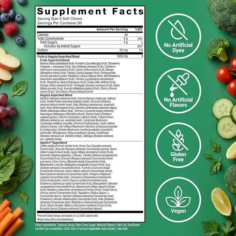 Force Factor Fruits & Veggies Supplement for Adults, Superfood Antioxidant Formula, 50+ Fruits & Veggies to Support Blood Flow, Circulation & Energy, No Added Fillers, Mixed Berry, 60 Soft Chews in Kuwait