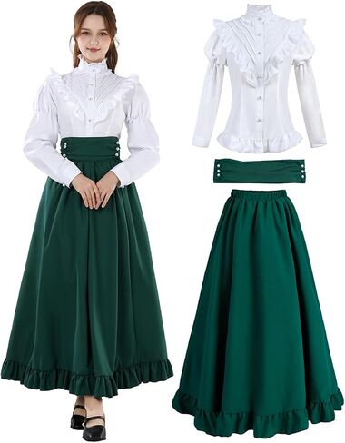 Victorian Dress for Women Edwardian Costume Medieval Renaissance Dresses 2 Pcs Shirt Skirt Set Ball Gown in Saudi Arabia
