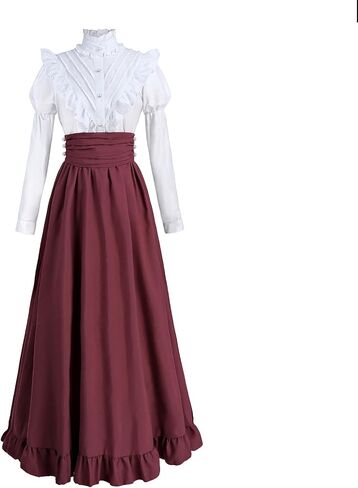 Victorian Dress for Women Edwardian Costume Medieval Renaissance Dresses 2 Pcs Shirt Skirt Set Ball Gown in Saudi Arabia