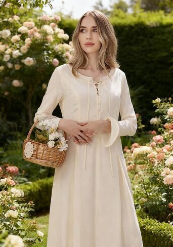 PROCOS Medieval Dress Women's Tunic Underdress Embroidery Vintage Beige Skirt Peasant Cosplay Costumes in Kuwait