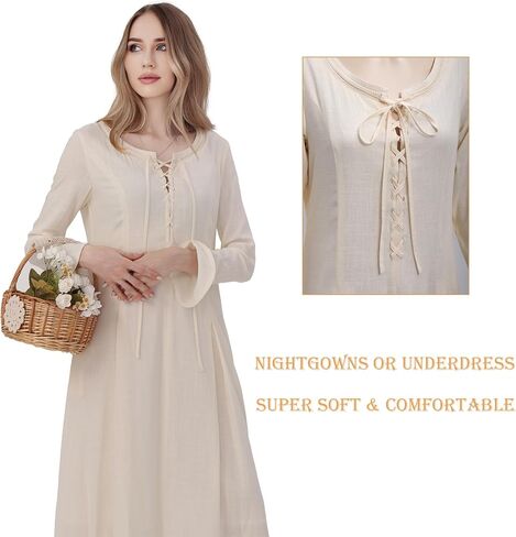 PROCOS Medieval Dress Women's Tunic Underdress Embroidery Vintage Beige Skirt Peasant Cosplay Costumes in Kuwait