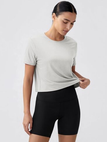 ASLABCREW Women's Everyday Comfort Cropped Tee, Ultra Soft Performance Short Sleeve Relaxed Crop Top, Crew Neck T-Shirts in Kuwait