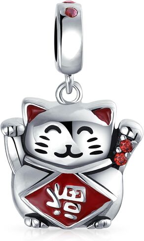 Bling Jewelry .925 Sterling Silver Japanese Maneki Neko Lucky Cat Good Fortune Dangle Charm Bead For Women Red Enamel for Bracelet in Kuwait