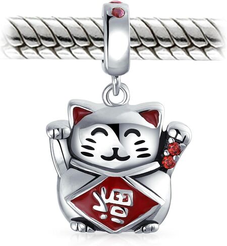 Bling Jewelry .925 Sterling Silver Japanese Maneki Neko Lucky Cat Good Fortune Dangle Charm Bead For Women Red Enamel for Bracelet in Kuwait