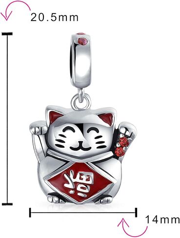 Bling Jewelry .925 Sterling Silver Japanese Maneki Neko Lucky Cat Good Fortune Dangle Charm Bead For Women Red Enamel for Bracelet in Kuwait
