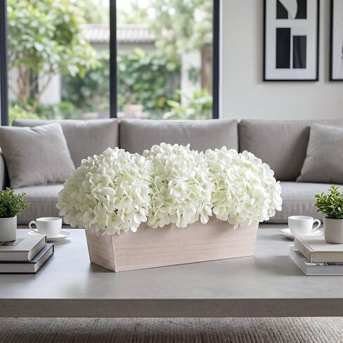 21" Large Artificial Hydrangea Arrangement in Planter for Table Centerpiece, Lifelike Fake Hydrangea Potted Plant, Silk Faux Flowers in Wood Planter for Farmhouse Home Office Shower Decor (White) in Saudi Arabia