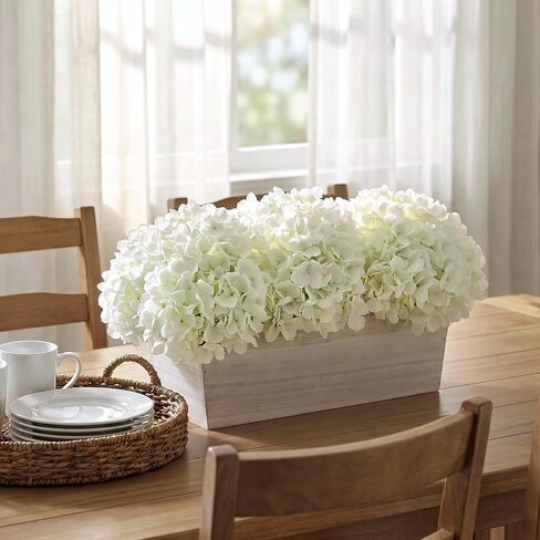 21" Large Artificial Hydrangea Arrangement in Planter for Table Centerpiece, Lifelike Fake Hydrangea Potted Plant, Silk Faux Flowers in Wood Planter for Farmhouse Home Office Shower Decor (White) in Saudi Arabia