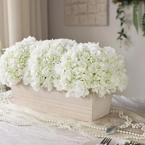 21" Large Artificial Hydrangea Arrangement in Planter for Table Centerpiece, Lifelike Fake Hydrangea Potted Plant, Silk Faux Flowers in Wood Planter for Farmhouse Home Office Shower Decor (White) in Saudi Arabia