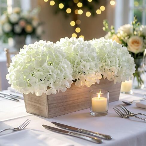 21" Large Artificial Hydrangea Arrangement in Planter for Table Centerpiece, Lifelike Fake Hydrangea Potted Plant, Silk Faux Flowers in Wood Planter for Farmhouse Home Office Shower Decor (White) in Saudi Arabia