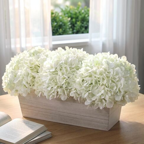 21" Large Artificial Hydrangea Arrangement in Planter for Table Centerpiece, Lifelike Fake Hydrangea Potted Plant, Silk Faux Flowers in Wood Planter for Farmhouse Home Office Shower Decor (White) in Saudi Arabia
