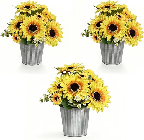 SVENJBB 3-Pack Artificial Sunflower Arrangement in Galvanized Metal Pot, Faux Sunflower Bouquet with Daisies & Greenery, Farmhouse Table Centerpiece Home Décor, 9.5 Inch Height in Saudi Arabia