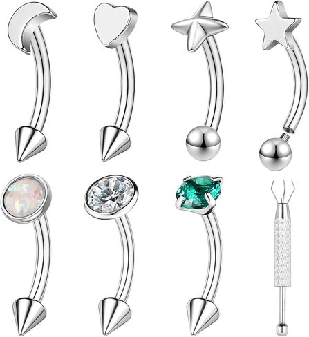 ZS 16G Stainless Steel Eyebrow Rings 7 Pieces – 8mm Curved Barbell Piercing Jewelry for Women Men, Surface Tragus Ear Cartilage Daith Lip Labret Body Piercing Jewelry in Kuwait