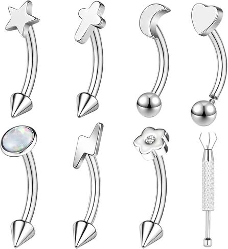 ZS 16G Stainless Steel Eyebrow Rings 7 Pieces – 8mm Curved Barbell Piercing Jewelry for Women Men, Surface Tragus Ear Cartilage Daith Lip Labret Body Piercing Jewelry in Kuwait