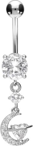 PIERCINGLINE Belly Button Piercing CRYSTAL MOON + CRYSTAL HEART surgical steel, skin-friendly in Saudi Arabia