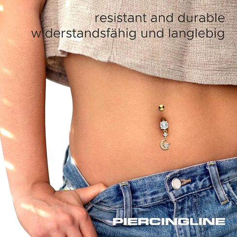 PIERCINGLINE Belly Button Piercing CRYSTAL MOON + CRYSTAL HEART surgical steel, skin-friendly in Saudi Arabia