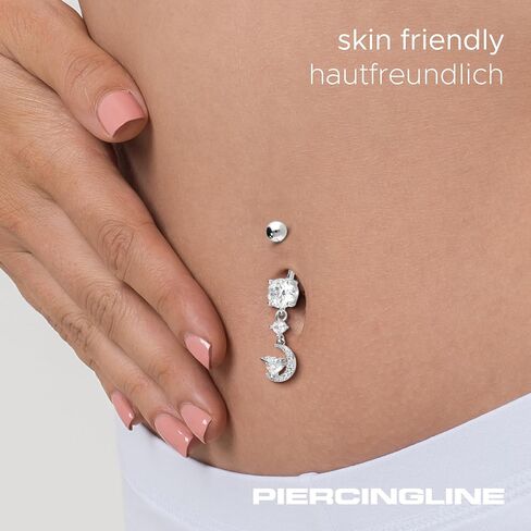PIERCINGLINE Belly Button Piercing CRYSTAL MOON + CRYSTAL HEART surgical steel, skin-friendly in Saudi Arabia