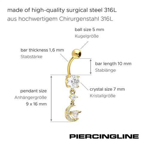 PIERCINGLINE Belly Button Piercing CRYSTAL MOON + CRYSTAL HEART surgical steel, skin-friendly in Saudi Arabia
