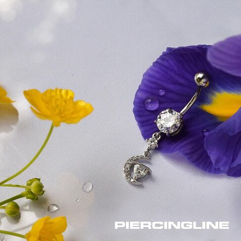 PIERCINGLINE Belly Button Piercing CRYSTAL MOON + CRYSTAL HEART surgical steel, skin-friendly in Saudi Arabia