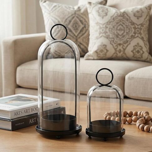 Metal Candle Holder with Handmade Glass Dome in Brass, 5" & 4" Wide Versatile Hurricane Glass Candle Holders Set of 2, for Pillar Candles & Plants (Brass) in Saudi Arabia