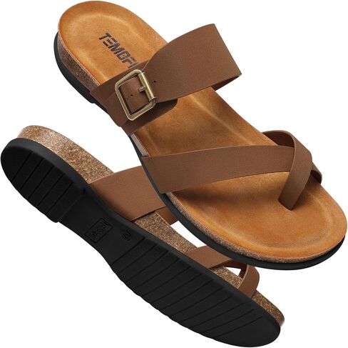 TEMOFON Womens Flat Sandals with Arch Support Adjustable Straps Brown Size 9 Comfortable Summer Walking Casual Flip Flops in Saudi Arabia