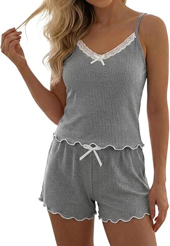 CHICME Womens Rib Knit Pajama Set Summer Lace Trim Cami and Shorts 2 Piece Loungewear with Adjustable Straps Soft Sleepwear in Kuwait