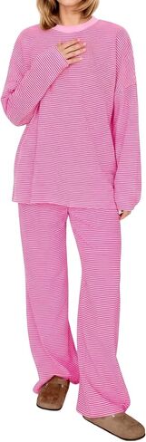 Womens 2 Piece Striped Lounge Set Oversized Long Sleeve T-Shirt Wide Leg Pants Matching Pajama Sets Loungewear Pj set in Saudi Arabia