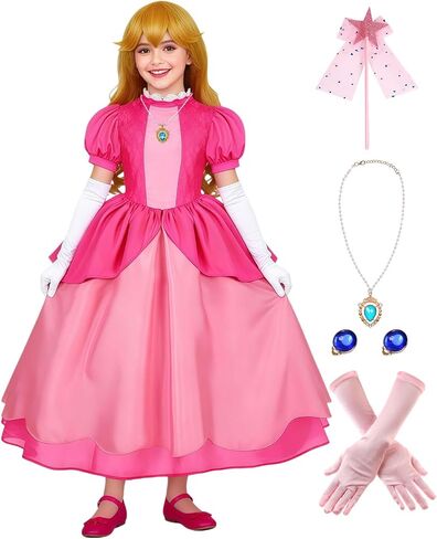Girls Pink Princess Costume for Kids Royal Fairytale Dress Set with Gloves Jewelry Halloween Birthday Party in Saudi Arabia