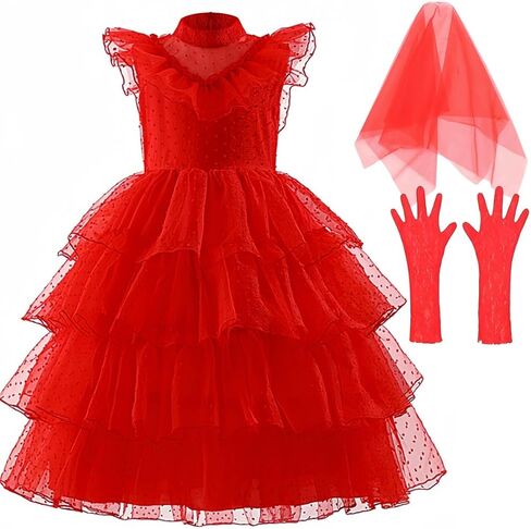 Lydia Deetz Costume Red Christmas Party Gothic Ghost Wedding Dress for Girls Kids Halloween Cosplay 4-12Y in Saudi Arabia