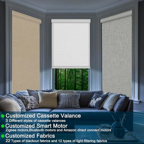 BERISSA Motorized Blinds with Remote,Blackout&Light Filtering Smart Blinds for Windows,Linen Fabric,Remote Control,Customized Automatic Blinds,Electric Blinds with Solar Pannel/USB.Custom Color in Kuwait