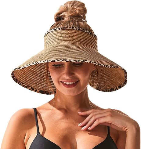 Women Sun Visors Wide Brim Foldable Packable Ponytail Beach Hat Straw Leopard Roll Up Bow Visor Sun Hats in Saudi Arabia