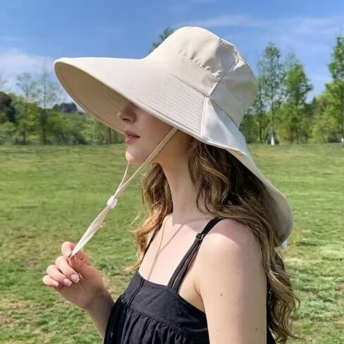 Wide Brim Sun Hat with Neck Flap Foldable Beach Protection Summer Garden Hat with Adjustable Wind Cord for Hiking Fishing Beige in Kuwait