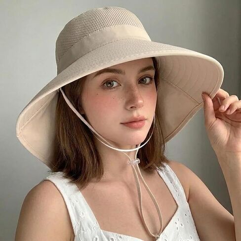 Wide Brim Sun Hat with Neck Flap Foldable Beach Protection Summer Garden Hat with Adjustable Wind Cord for Hiking Fishing Beige in Kuwait