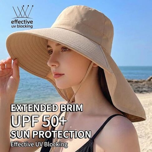 Wide Brim Sun Hat with Neck Flap Foldable Beach Protection Summer Garden Hat with Adjustable Wind Cord for Hiking Fishing Beige in Kuwait